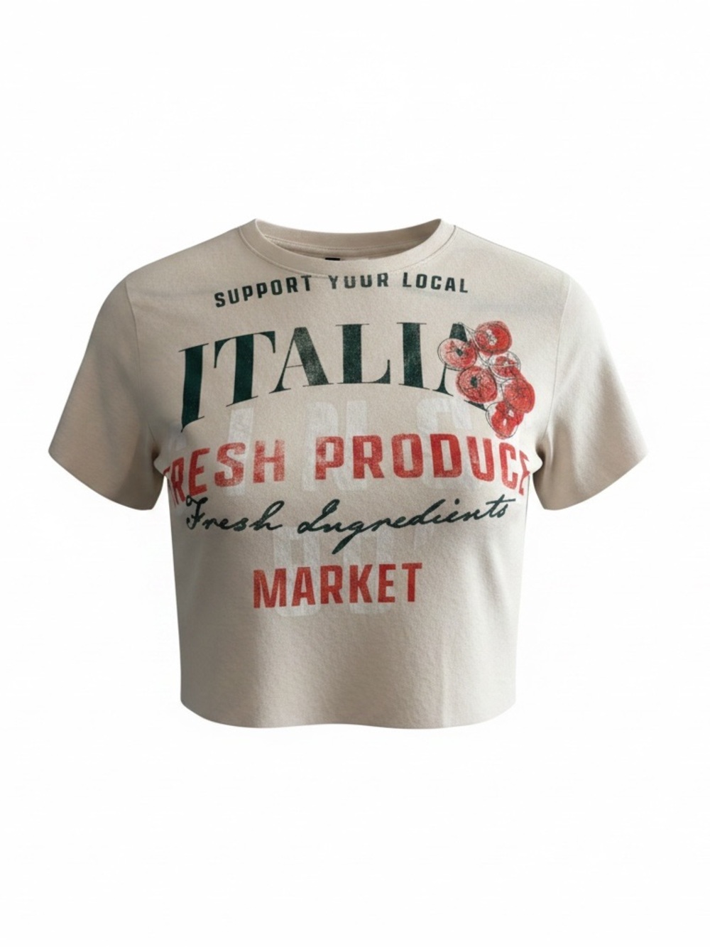 H&M Graphic 'Fresh Produce' Crop Tee in Beige and Red